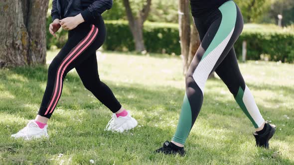 Two Young Ladies Are Doing Squats at the Park