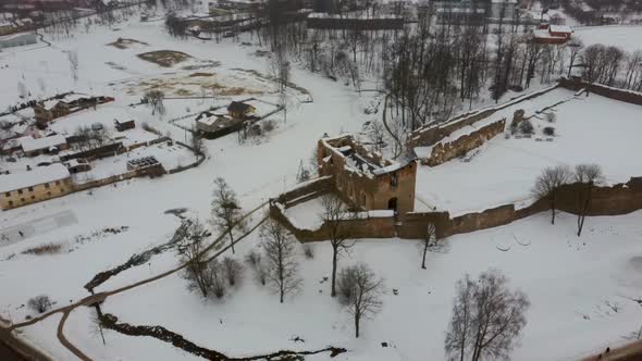 Ruins of Ancient Livonian Order's Stone Medieval Castle Latvia Aerial Drone Top Shot 