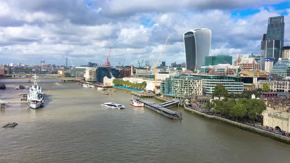 Aerial View of London Skyline Along Thames River on a Summer Day UK