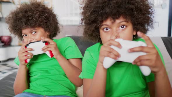 Twin brothers playing computer game with gaming console