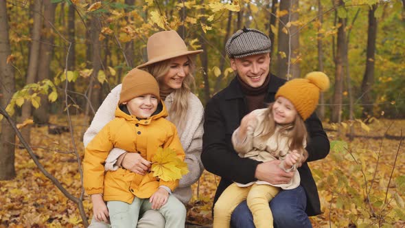 Cheerful Caucasian Family Have Spare Time Autumn Park Forest