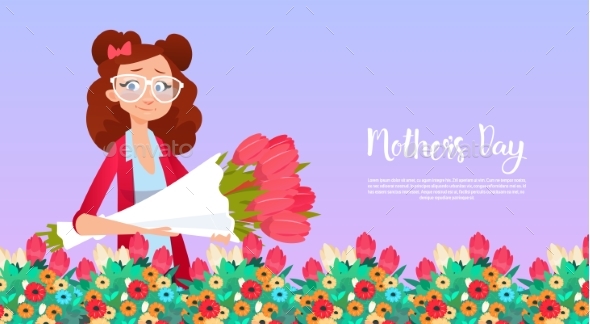 Happy Mother Day, Woman Hold Flowers Bouquet