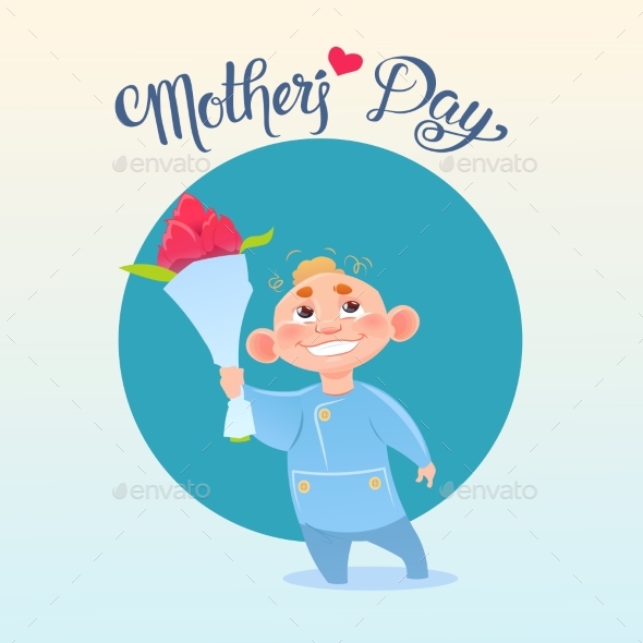 Happy Mother Day, Son Hold Flowers, Spring Holiday