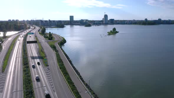 Cars Passing Through the Long Bridge in Lauttasaari in Helsinki