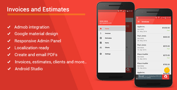 Szablon faktur i szacunków na Androida + AdMob + panel administracyjny