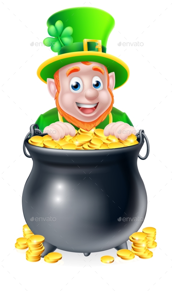 Cartoon Leprechaun and Pot of Gold