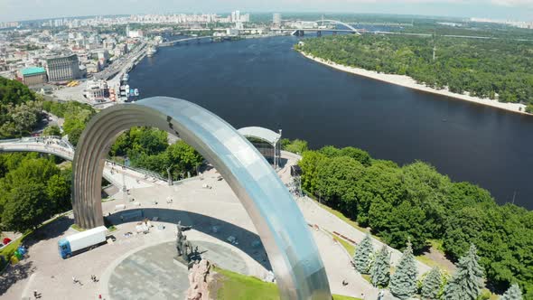 Drone footage Aerial view of Friendship of Nations Arch in Kiev, Ukraine	