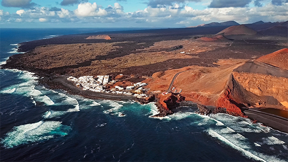 Flying over volcanic Lake El Golfo, Lanzarote, Canary Islands, Spain