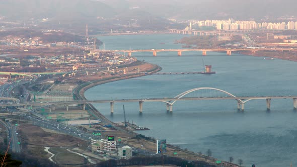 Timelapse Modern Seoul Districts Surround Large Ocean Bay