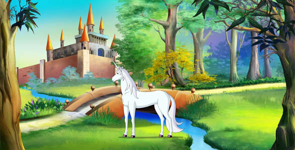 White Unicorn near a Fairy Tale Castle alt