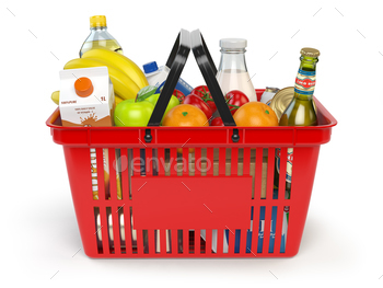 Shopping market  basket with variety of grocery products isolate