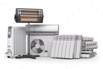 usehold appliances. Air conditioner, radiators, oil and radiant electric heaters isolated on white background. 3d illustration
