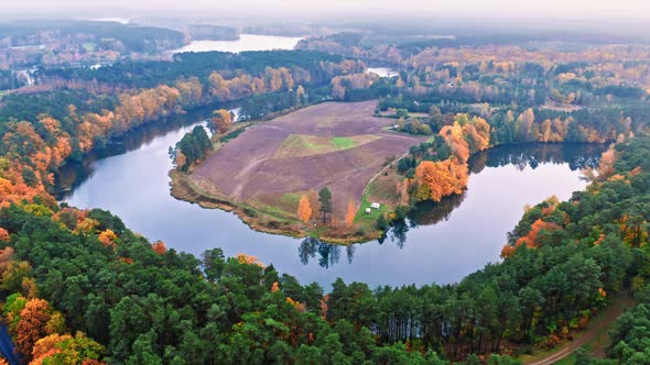 Winding river and autumn forest. Aerial view of wildlife, Poland