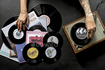 Tattoo Woman with Music Vinyl Record Disc with Player