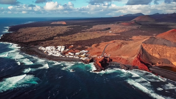 Flying Over Volcanic Lake El Golfo, Lanzarote, Canary Islands, Spain