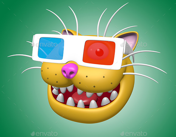 Cartoon Smiling Cat Head in 3D Glasses