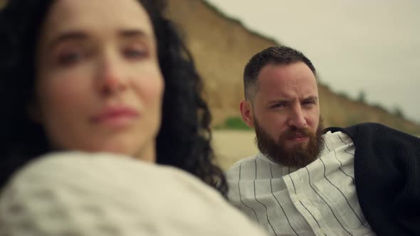 Multiethnic Couple Looking Camera on Sea Beach