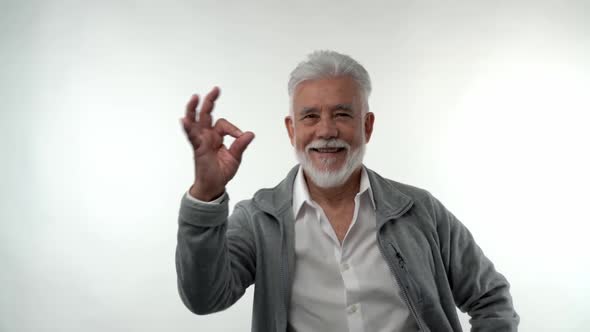 Stylish Old Man with a Gray Beard and Hair Shows a Gesture Everything is Ok