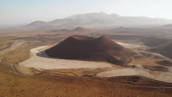 Spaceship orbit around volcano on red planet Mars