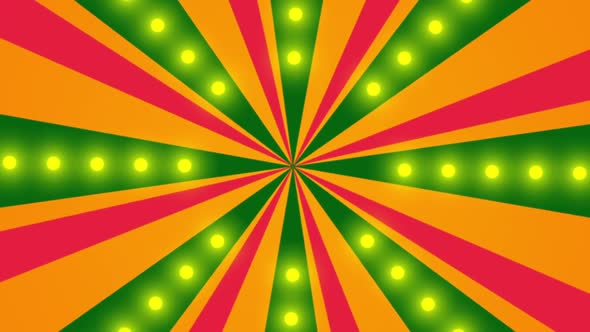 Circus carnival rotation looped red and gold stripes. Funfair top tent with light bulbs background