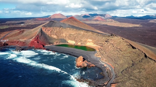 Flying Over Volcanic Lake El Golfo, Lanzarote, Canary Islands, Spain