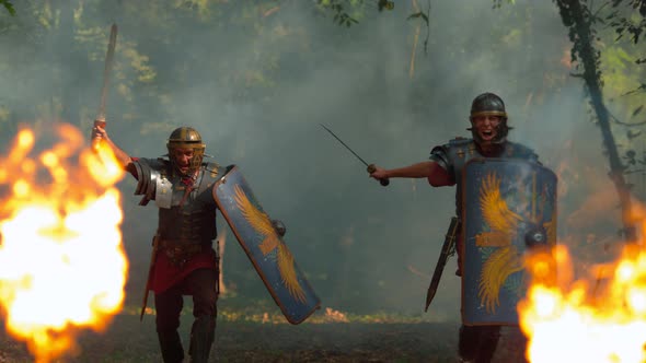 Roman soldiers attacking, ultra slow motion