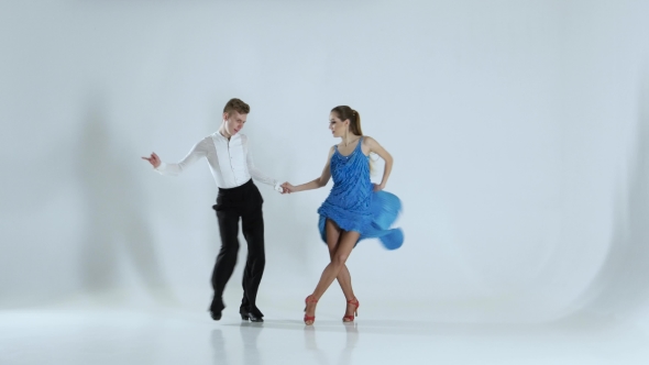 Couple of Graceful Dancers Perform Rumba on White Background, Shadow