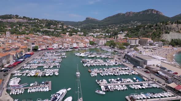 Drone shot of Cassis port on the Mediterranean coast in Provence, France