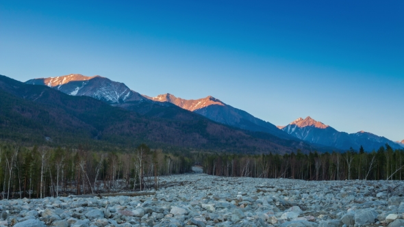 of Sunset at Magnificent Mountains Nightfall in East Sayan, Siberia