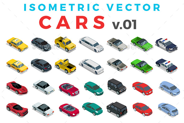 Vector Cars Set Isometric Flat Style v.1