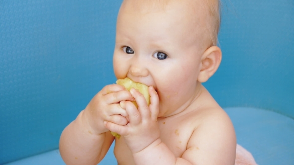 Baby Eats Peeled Apple Holding It in Both Hands