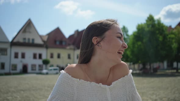 Female Tourist in Center of Small Town Bardejov in Slovakia