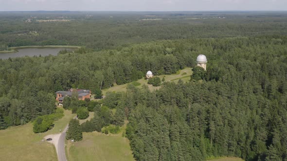 Flying Over Old Soviet Observatory Located In The Woods