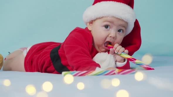 Merry Xmas Happy New Year Infants Childhood Holidays Concept Closeup Smiling Funny Newborn Baby in