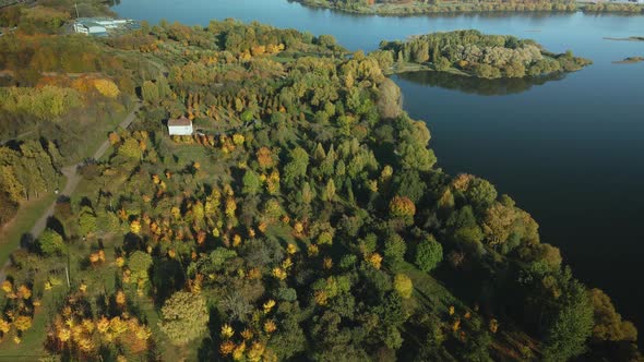 Flight Over The Autumn Park. Trees With Yellow Autumn Leaves Are Visible.