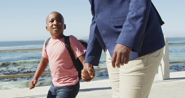 Video of happy african american father and son walking and talking by sea