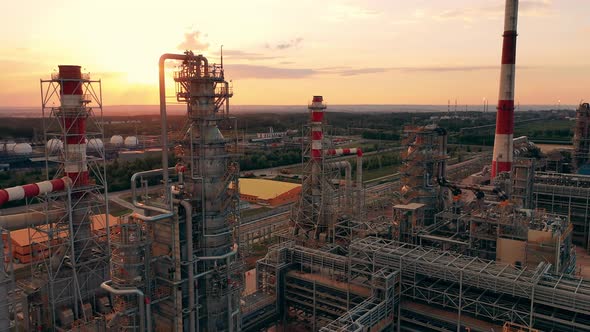 Petroleum Refinery Factory Filmed From Above at Sunset