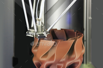 utomatic three dimensional 3d printer performs plastic brown colors modeling in laboratory.