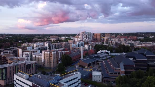 Drone flying fast over city in England. North London suburb of Burnt Oak