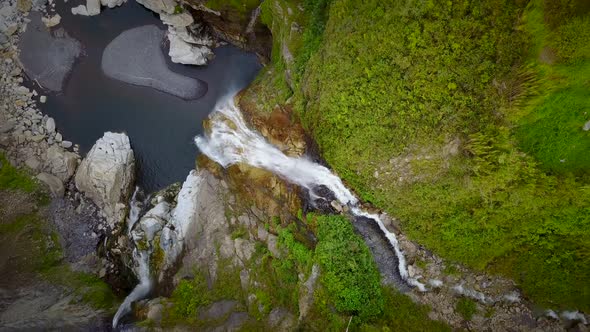 Aerial view of waterfall in Banos, Ecuador.