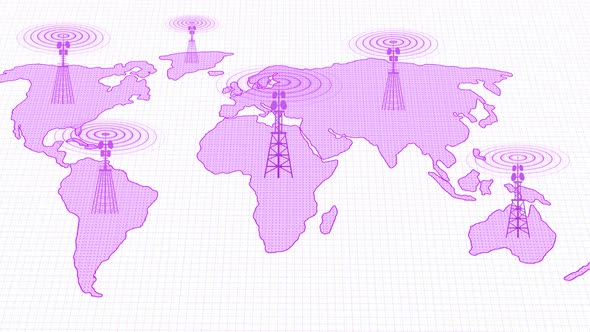 Purple Color Network Tower Wave Signal Animated On World Map White Background