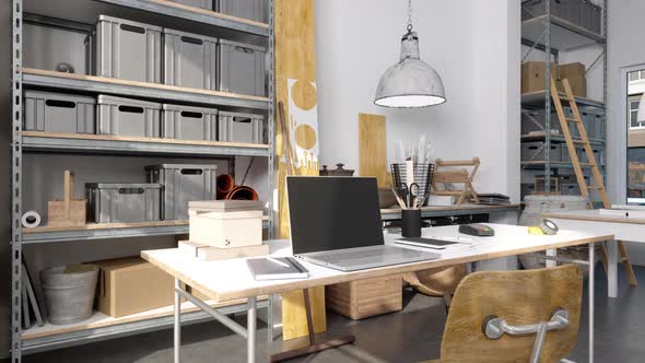 Working Table, Boxes And Timbers In Workshop.