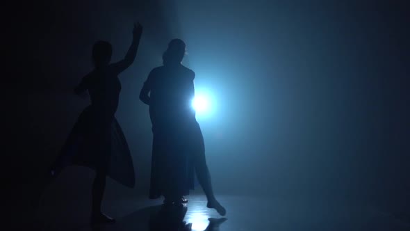 Four Young Wonderful Ballerinas Dancing Modern Ballet. Slow Motion