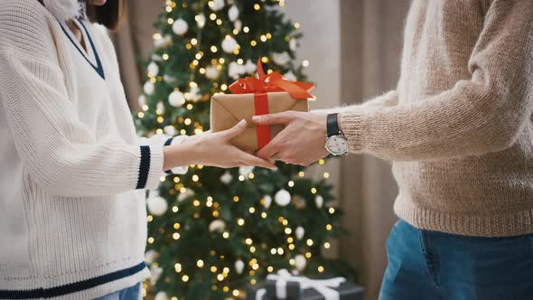Unknown Man is Giving a Gift Box to a Woman While Standing at Home Against Decorated Christmas Tree