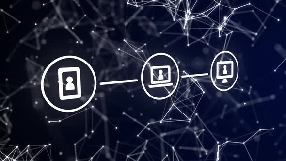 Animation of three white digital computer interface icons with plexus structure on blue background