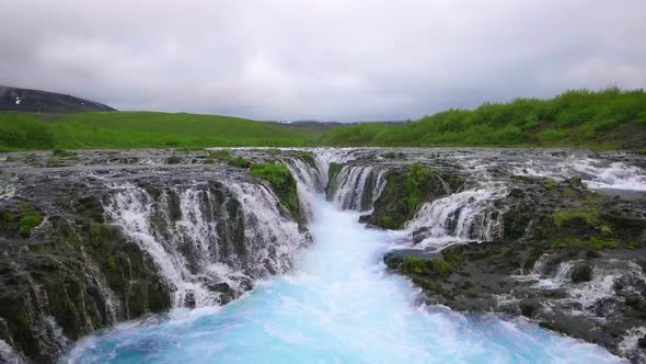 Drone Aerial View of Bruarfoss Waterfall in Brekkuskogur Iceland