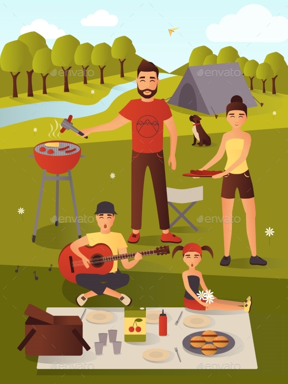 Family Picnic Vector Illustration in Flat Style