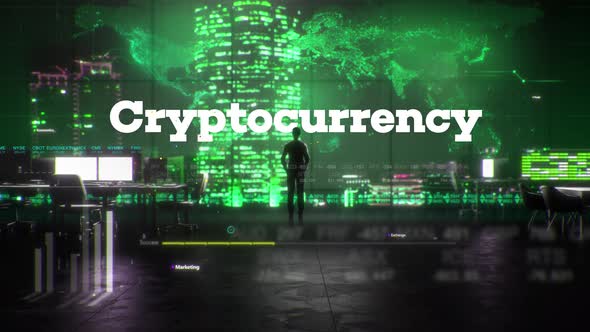 Finance Businessman in Office With Cryptocurrency Text