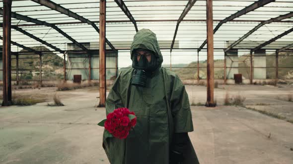 Soldier with Bouquet of Red Roses