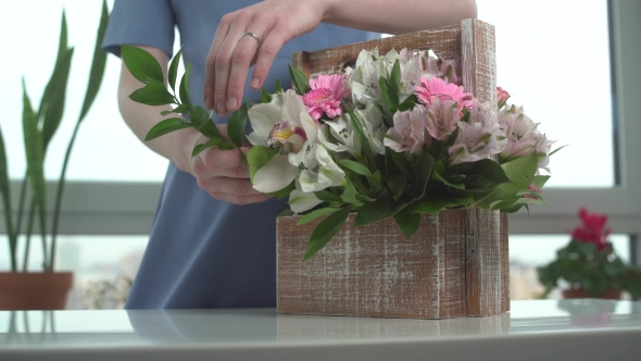 Girl Hands Gather a Beautiful Bouquet of Flowers in a Wooden Box